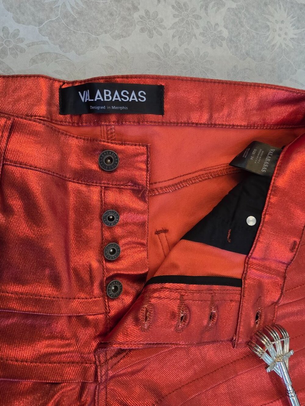 Valabasas Delta Stacked Jeans Zodiac Verde / Red Metallic Waxed Pleated - Picture 8 of 13